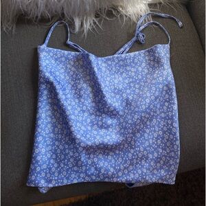 Silk/satin tie up/backless blue/floral patterned Garage top